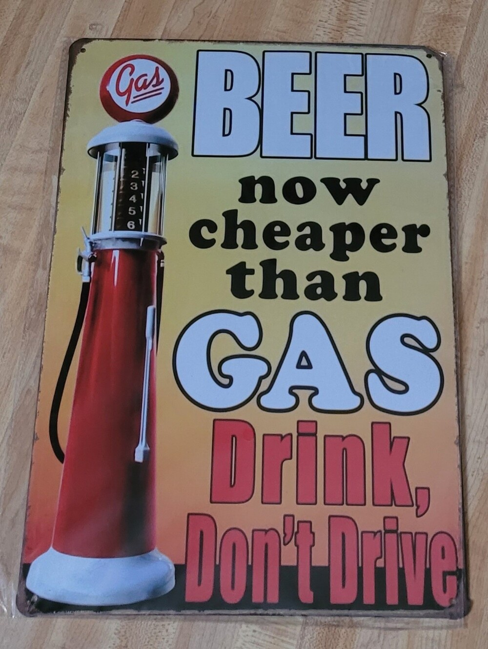 Vintage Style "Beer Now Cheaper Than Gas" Metal Tin Sign